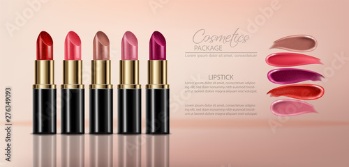 Lipstick sets with smear Vector realistic. 3D mock up advertising poster promoting makeup premium products. Package design. Color samples