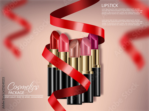 Lipstick sets with red bow Vector realistic. 3D mock up advertising poster pr...