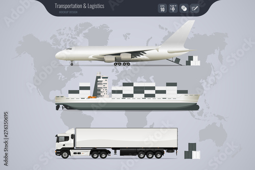 Isometric set of logistics, freight, cargo transportation. World wide cargo transport. Vector illustration
