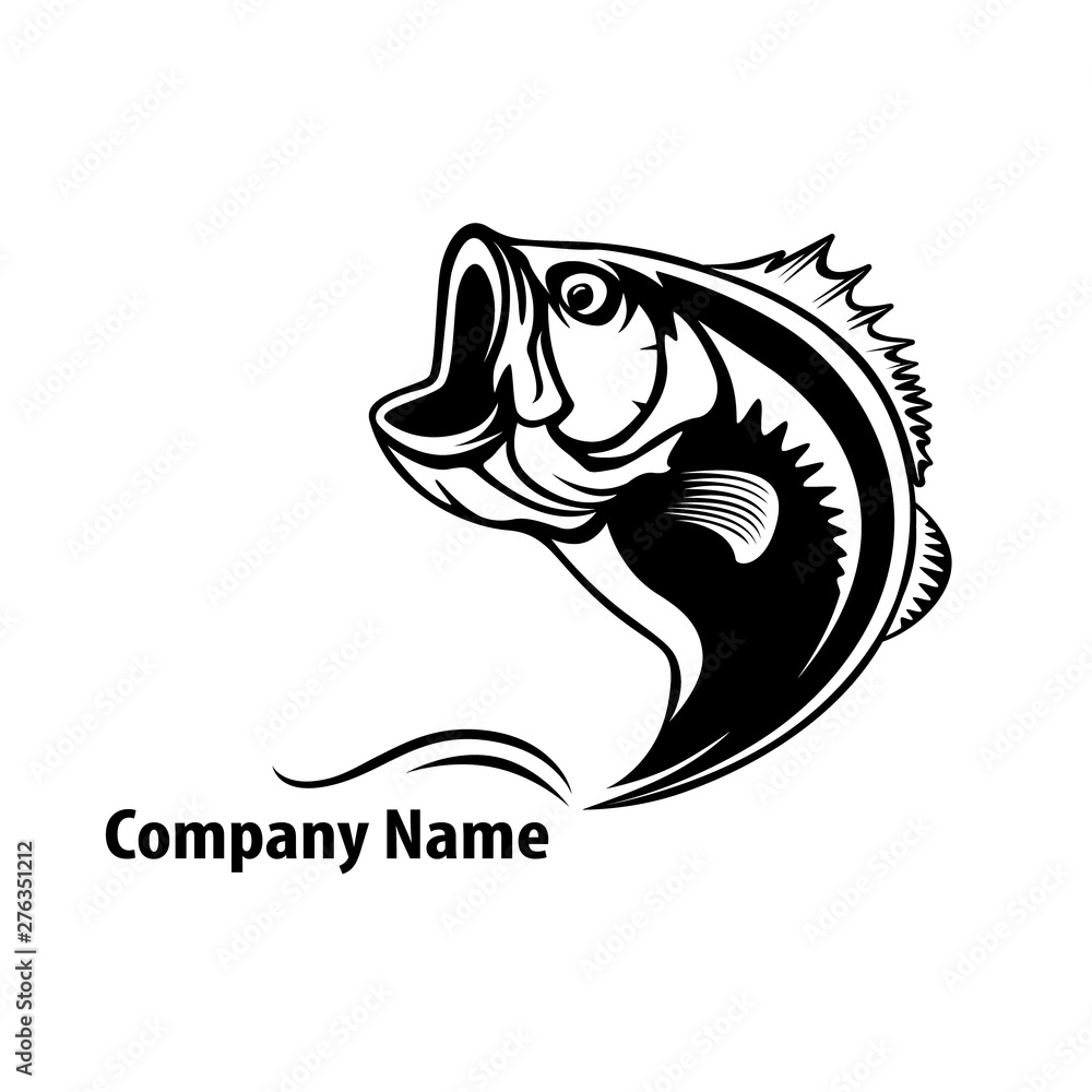 Fishing logo. Bass fish with rod club emblem. Fishing theme illustration. Isolated on white. Fishing logo. Bass fish with rod club emblem. Fishing theme illustration. Isolated on white.