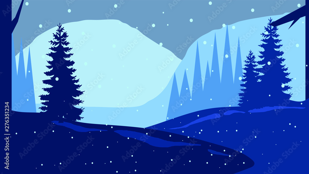 Fototapeta premium Snowy Night Landscape Vector