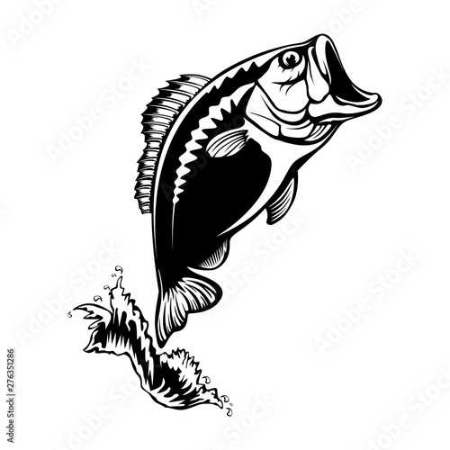 Fishing logo. Bass fish with rod club emblem. Fishing theme illustration. Isolated on white.