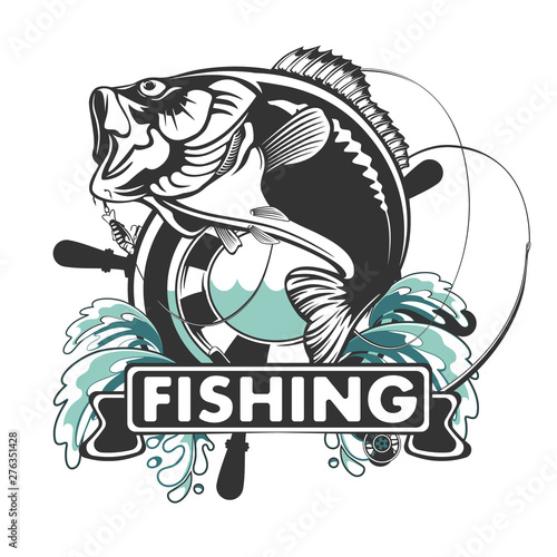 Bass fiishing logo for sport club. Bass fish with rod club emblem. Fishing theme vector illustration.