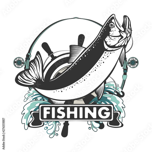 Rainbow trout jumping out water.Salmon isolated on white background. Concept art for horoscope, tattoo or colouring book.