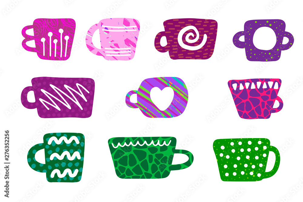 Hand drawn vector illustration in cartoon style. Different cups forms colors textures. Hand drawn vector illustration in cartoon style. Different cups forms colors textures.