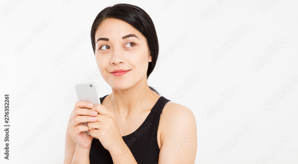 cute happy asian girl hold phone isolated on white background cute happy asian girl hold phone isolated on white background