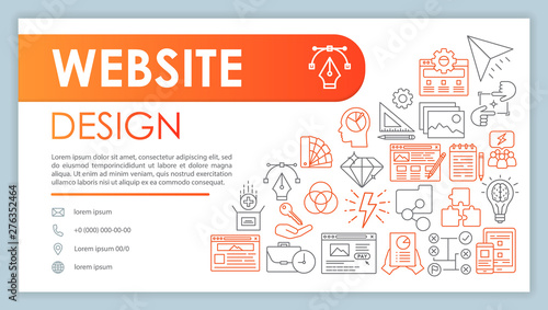 Website design banner, business card vector template. Site builder. Company contacts with phone, email linear icons. Web development. Presentation, web page idea. Corporate print layout