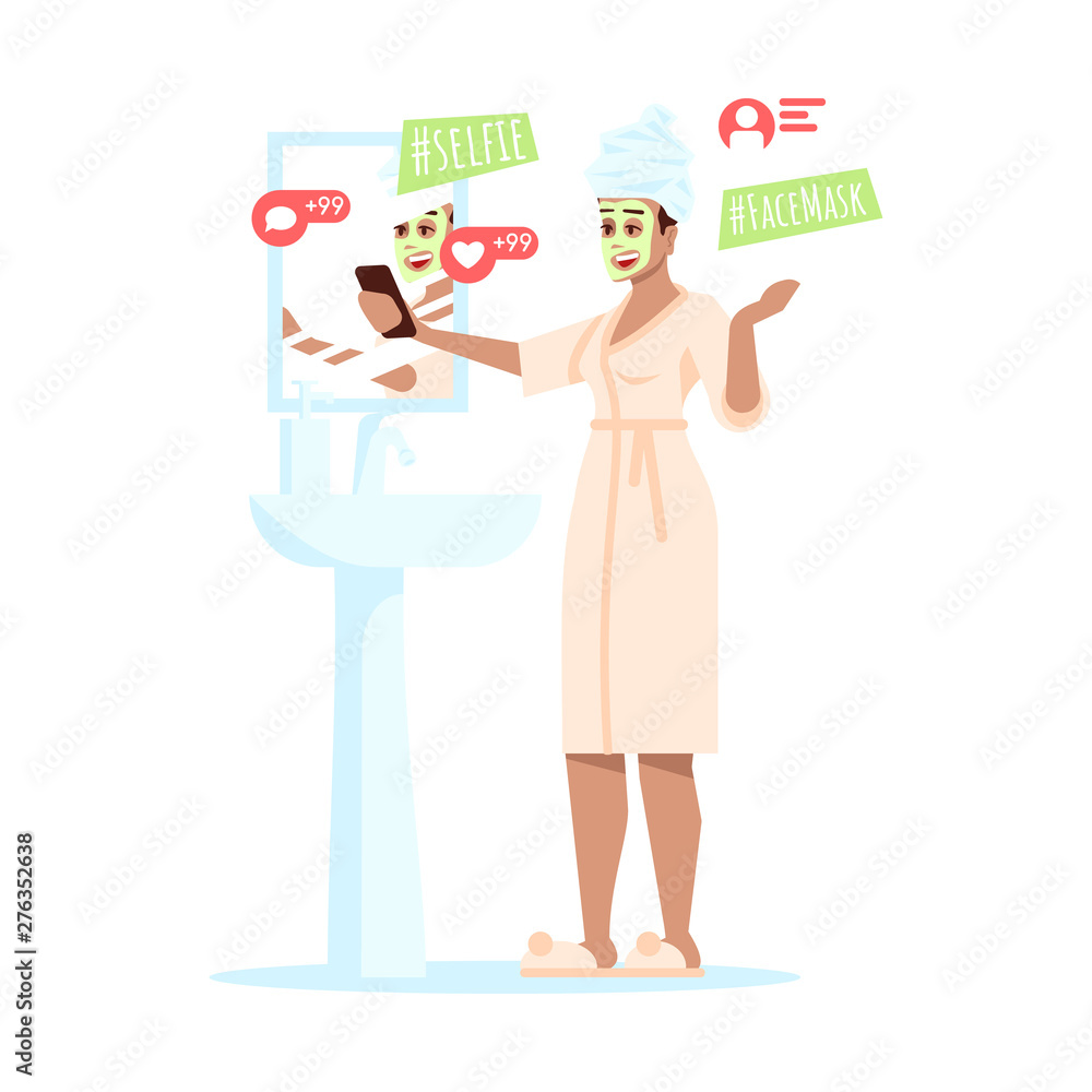 Beauty blogger making selfie flat vector illustration. Cosmetics, makeup products online review. Women fashion blog. Cosmetologist, beautician in face mask streaming video isolated cartoon character Beauty blogger making selfie flat vector illustration. Cosmetics, makeup products online review. Women fashion blog. Cosmetologist, beautician in face mask streaming video isolated cartoon character