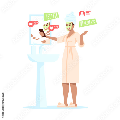 Beauty blogger making selfie flat vector illustration. Cosmetics, makeup products online review. Women fashion blog. Cosmetologist, beautician in face mask streaming video isolated cartoon character