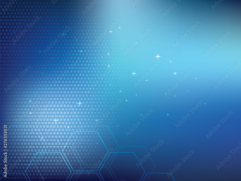 Obraz premium Blue abstract background technology with hexagonal shapes and half tone effect. Bright background and vibrant color.