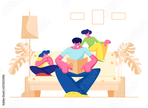 Happy Family Spending Time at Home Together, Parents with Kid, Father Reading Book, Mother and Daughter Sitting on Sofa and Listening Dad, Sparetime, Leisure, Hobby. Cartoon Flat Vector Illustration