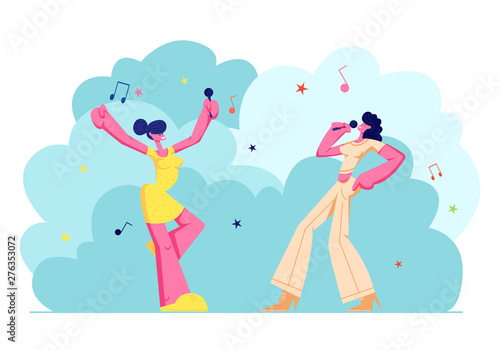 Excited Young Girls Company with Microphones Performing on Karaoke Party. Happy Female Characters Cheerfully Singing, Music, Happy Life Moments, Weekend Leisure Hobby. Cartoon Flat Vector Illustration © Pavlo Syvak