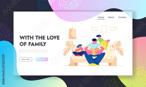 Happy Family Spend Time at Home, Father Reading Book, Mother and Daughter Sit on Sofa Listening Dad, Sparetime, Leisure, Hobby. Website Landing Page, Web Page. Cartoon Flat Vector Illustration, Banner