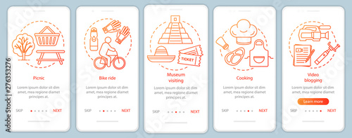 Family activities with kids onboarding mobile app page screen with linear concepts. Bike ride. Five walkthrough steps graphic instructions. Museum visiting. UX, UI, GUI vector template, illustrations