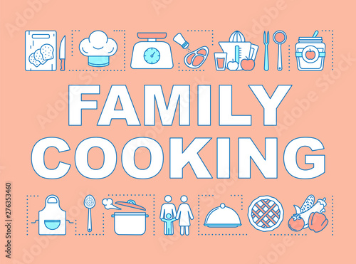 Family cooking word concepts banner. Family activity. Vegetable salad. Healthy eating. Presentation, website. Isolated lettering typography idea with linear icons. Vector outline illustration