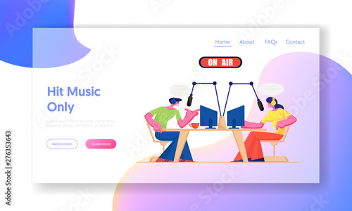 People and Radio Website Landing Page . Radio Dj Characters in Headset Speak to Microphones, Broadcasting Program on Air to Listeners. Social Media Web Page. Cartoon Flat Vector Illustration, Banner