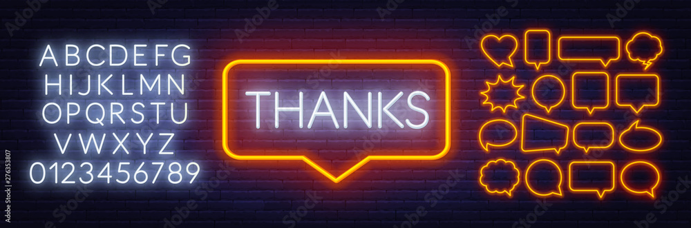 Neon sign thanks in frame on dark background. Neon sign thanks in frame on dark background.