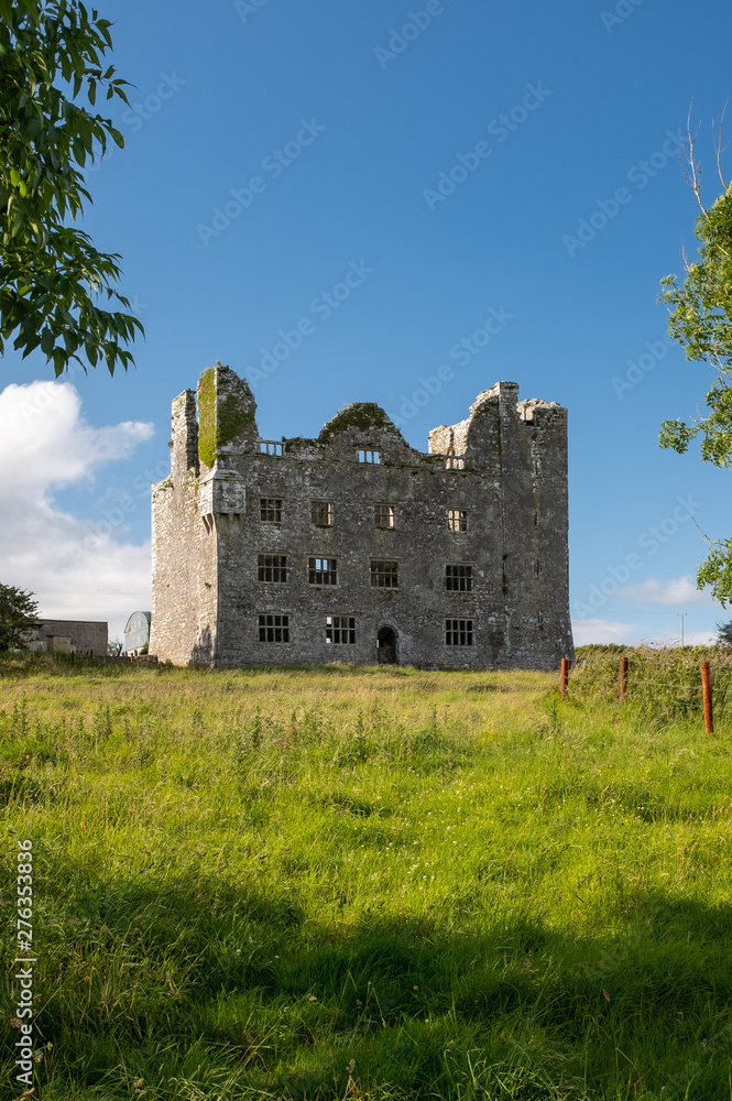 A portrait view of a huge magnificent looking ruins of an Irish Castle in County Ennis, Ireland.