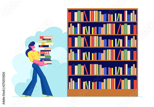 Woman Carry Big Heap of Book to Bookshelf in Public or Home Library Student Spend Time in Athenaeum or Archive Room with Bookcase, Character in Literature Storage. Cartoon Flat Vector Illustration