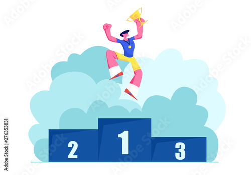 Happy Athlete on Winners Podium Jump with Gold Medal and Cup. Male Character Sportsman on Win Pedestal. Victory, Sport Lifestyle, Success Achievement, Sports Trophy. Cartoon Flat Vector Illustration