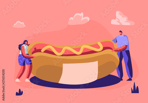 Tiny People Holding Huge Hot Dog with Yellow Mustard. Cute Miniature Scene of Cafe Workers or Visitors with Fast Food. Menu Design Elements, Fastfood Festival Event. Cartoon Flat Vector Illustration