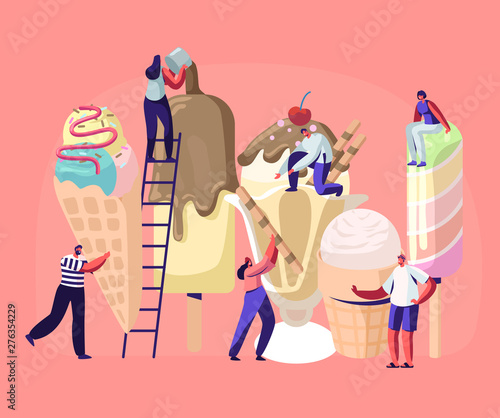 Tiny Characters on Ladders Decorate Ice Cream. Summer Time Food, Delicious Sweet Dessert, Cold Meal. Different Types of Icecream Popsicle, Waffle Cone, Creme Brulee. Cartoon Flat Vector Illustration