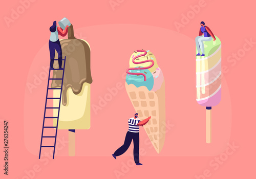 Tiny Characters on Ladders Decorate Ice Cream with Topping and Chocolate