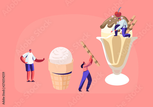 Tiny Characters Decorate Ice Cream with Sweets and Berries. Delicious Sweet Dessert, Summer Time Food, Cold Meal. Different Types of Icecream, Waffle Cone Creme Brulee Cartoon Flat Vector Illustration