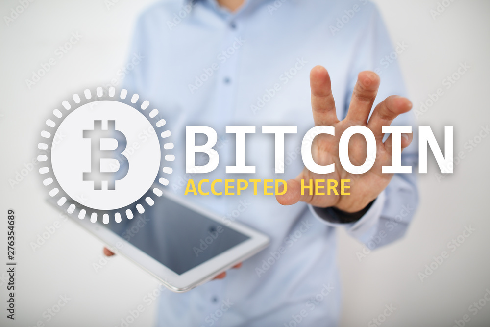 Bitcoin accepted here text and logo on virtual screen. Online payment and cryptocurrency concept. Bitcoin accepted here text and logo on virtual screen. Online payment and cryptocurrency concept.