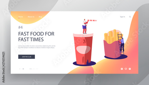 Junk Meal, Unhealthy Nutrition Website Landing Page, Tiny Characters, Huge French Fries and Cup with Soda Drink. People Eat Street Fast Food in Cafe Web Page. Cartoon Flat Vector Illustration, Banner