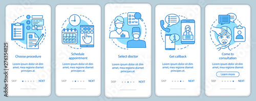 Plastic surgery center onboarding mobile app page screen with linear concepts