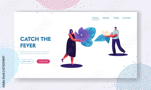 Perfume Website Landing Page, Perfumer Characters Holding Ingredients for Creating New Perfume Composition Violet Flower and Lotus Blossom, Perfumery Web Page. Cartoon Flat Vector Illustration, Banner