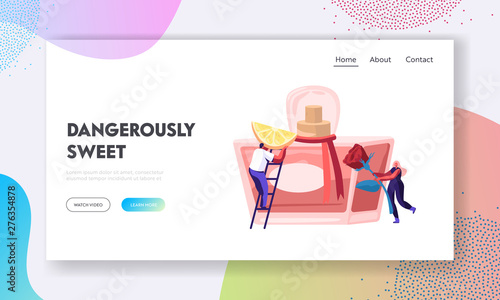 Tiny Perfumer Characters Put Ingredients for Creating New Perfume Rose Flower and Lemon Slice to Glass Flask. Fragrance, Aroma, Website Landing Page, Web Page. Cartoon Flat Vector Illustration, Banner