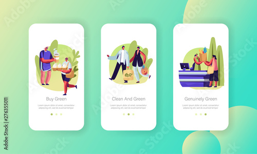 People Stand in Queue with Reusable Packaging, Male and Female Characters Use Eco Pack for Shopping Mobile App Page Onboard Screen Set Concept for Website or Web Page, Cartoon Flat Vector Illustration