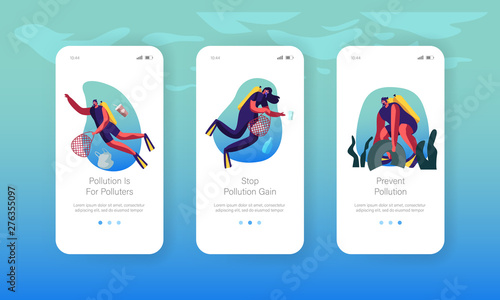 Divers Collecting Trash into Basket Underwater Mobile App Page Onboard Screen Set. Plastic Sea Pollution, Garbage, Ecology Protection Concept for Website or Web Page, Cartoon Flat Vector Illustration