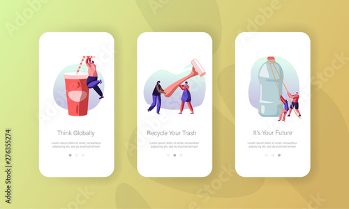 People Characters Use Plastic Packaging Mobile App Page Onboard Screen Set. No Plastic Packs, Reduce Plastic Waste, Ecology Protection Concept for Website or Web Page, Cartoon Flat Vector Illustration