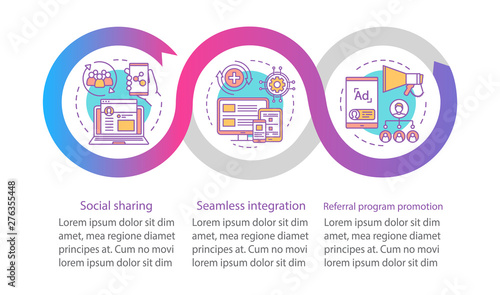 Referral program key items vector infographic template. Business presentation design elements. Data visualization with five steps and options. Process timeline chart. Workflow layout with linear icons