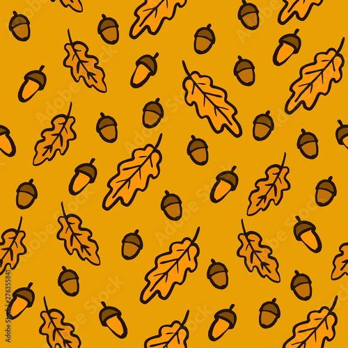 Hand Draw Autumn Oak Leaves Acorns and pine Cones Pattern. Vector Endless Background of Orange and Brown leaf fall.
