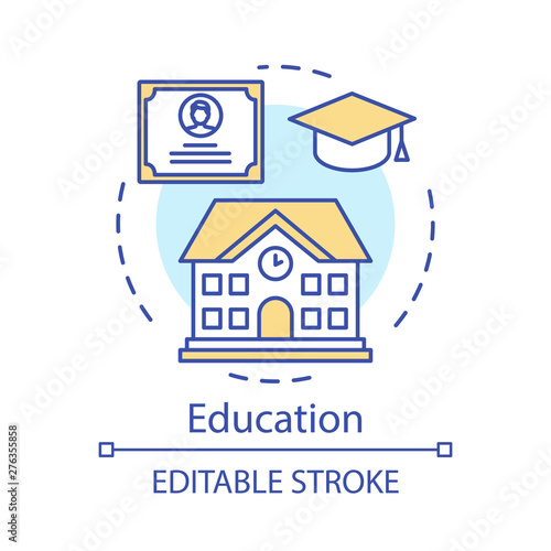 Education concept icon. Teacher, school, knowledge, lesson, training courses idea thin line illustration. Certificate, graduation vector isolated outline drawing. Editable stroke
