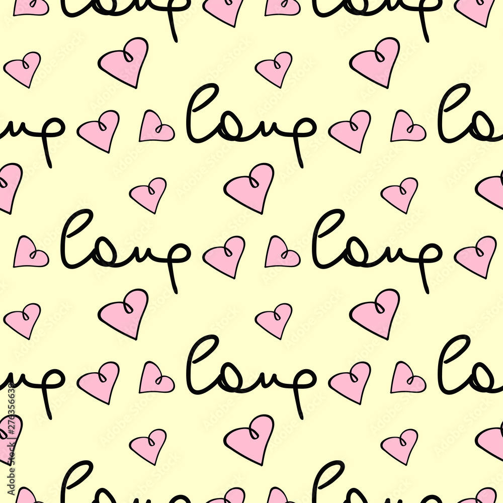 Romantic seamless pattern with cute hearts and handwritten love text. Sketch, doodle. Romantic seamless pattern with cute hearts and handwritten love text. Sketch, doodle.
