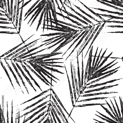 seamless pattern natural black  palm leaves stamp on white  background, foliage vector, illustration
