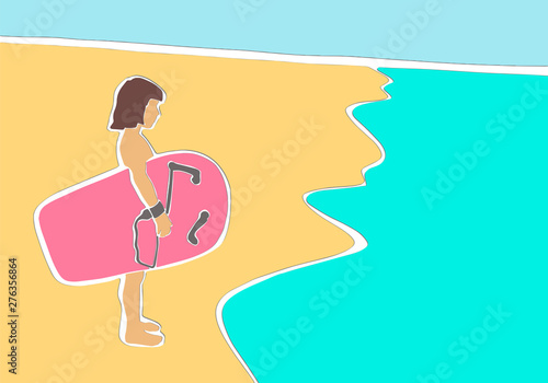 Little child with bodyboard stands on the beach by the sea. Vector bodyboarding colorful illustration. Applique or paper cut style. Isolated colors. 