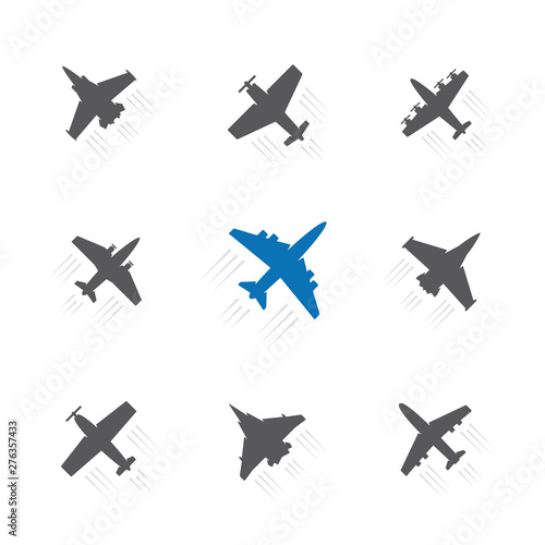 Set of different airplane with trace symbols. Aircraft, plane black silhouette.
