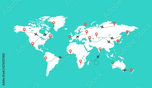 World map with airplane trace illustration. Blank planet Earth map with aircraft isolated on turquoise background. Template for website, design, cover, infographic.