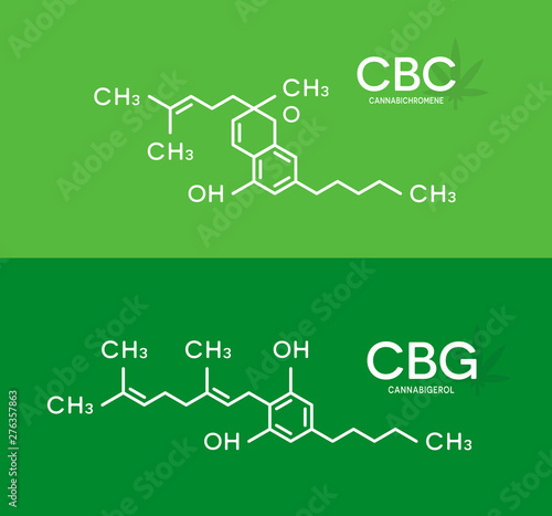 CBC and CBG formula. Cannabichromene and cannabigerol molecule structure.
