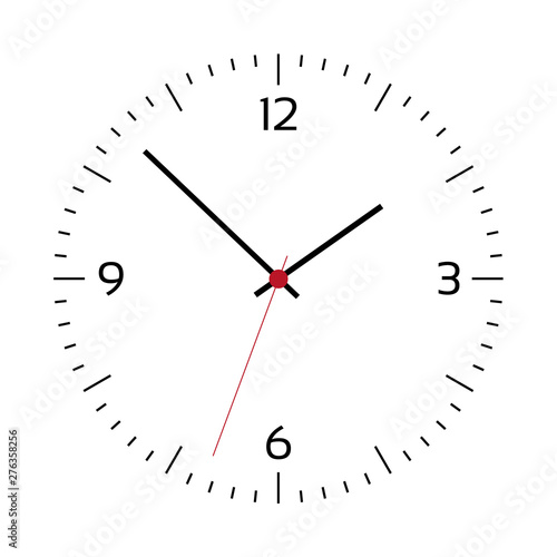 Simple illustration of clock face with minute, hour and second hand and red center with numbers. Isolated on white background, vector