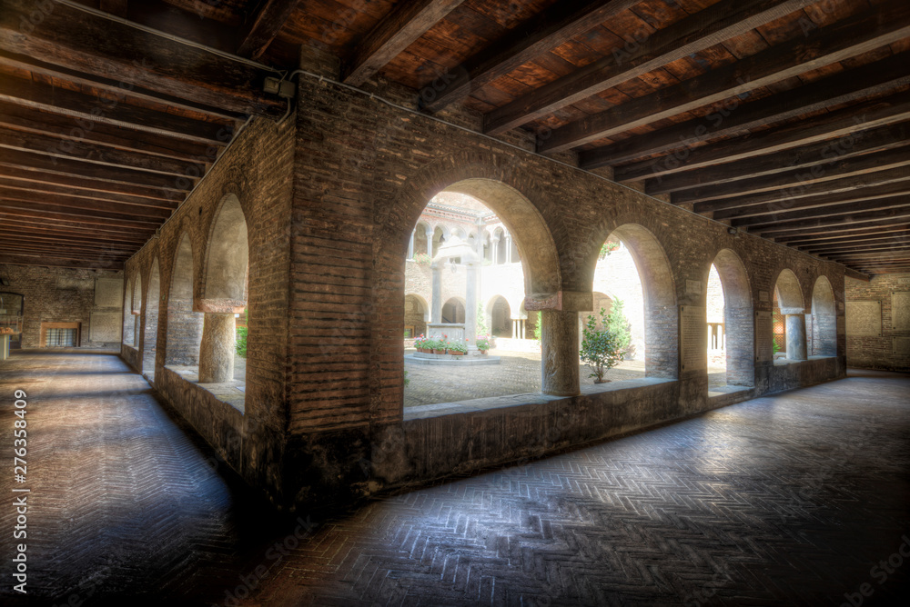 interior of an old church with cloister in Bologna Italy
