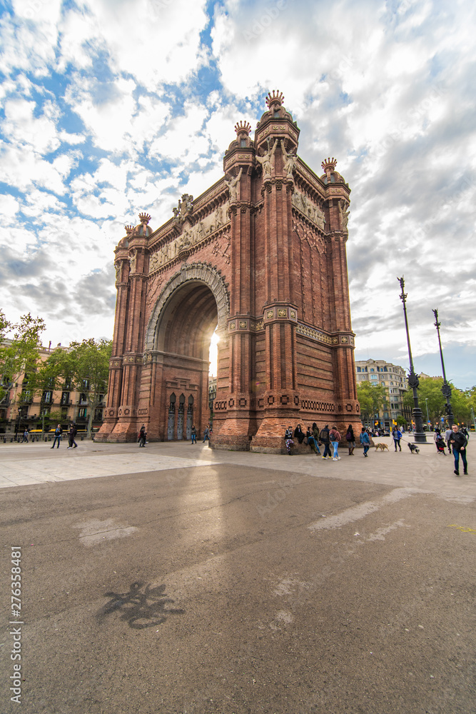 Barcelona, Spain - April. 2019: Triumph Arch with sunshine, Arc de Triomf in Barcelona
