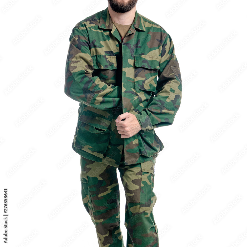 Man in military uniform, camouflage on white background isolation