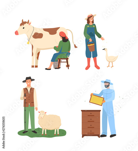 People working at farm vector, man with sheep, person beekeeping hobby and business, organic products. Farming woman with cow and goose flat style